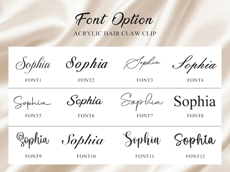 May include: Image displaying 12 font choices for an acrylic hair claw clip, each presenting the name "Sophia" in diverse, stylish fonts. The text "Font Option" and "Acrylic Hair Claw Clip" are also visible.