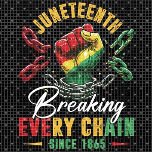 May include: A graphic design featuring the word "Juneteenth" in yellow above a fist in red, yellow, and green, breaking chains. The words "Breaking Every Chain Since 1865" are below the fist in white, red, yellow, and green.