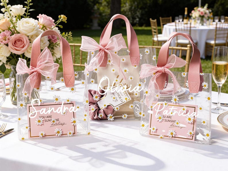 May include: Clear tote bags decorated with white daisies and pink accents. Each bag has a pink handle and a matching bow. The bags have personalized name cards that read "Sandra", "Olivia", and "Patricia".