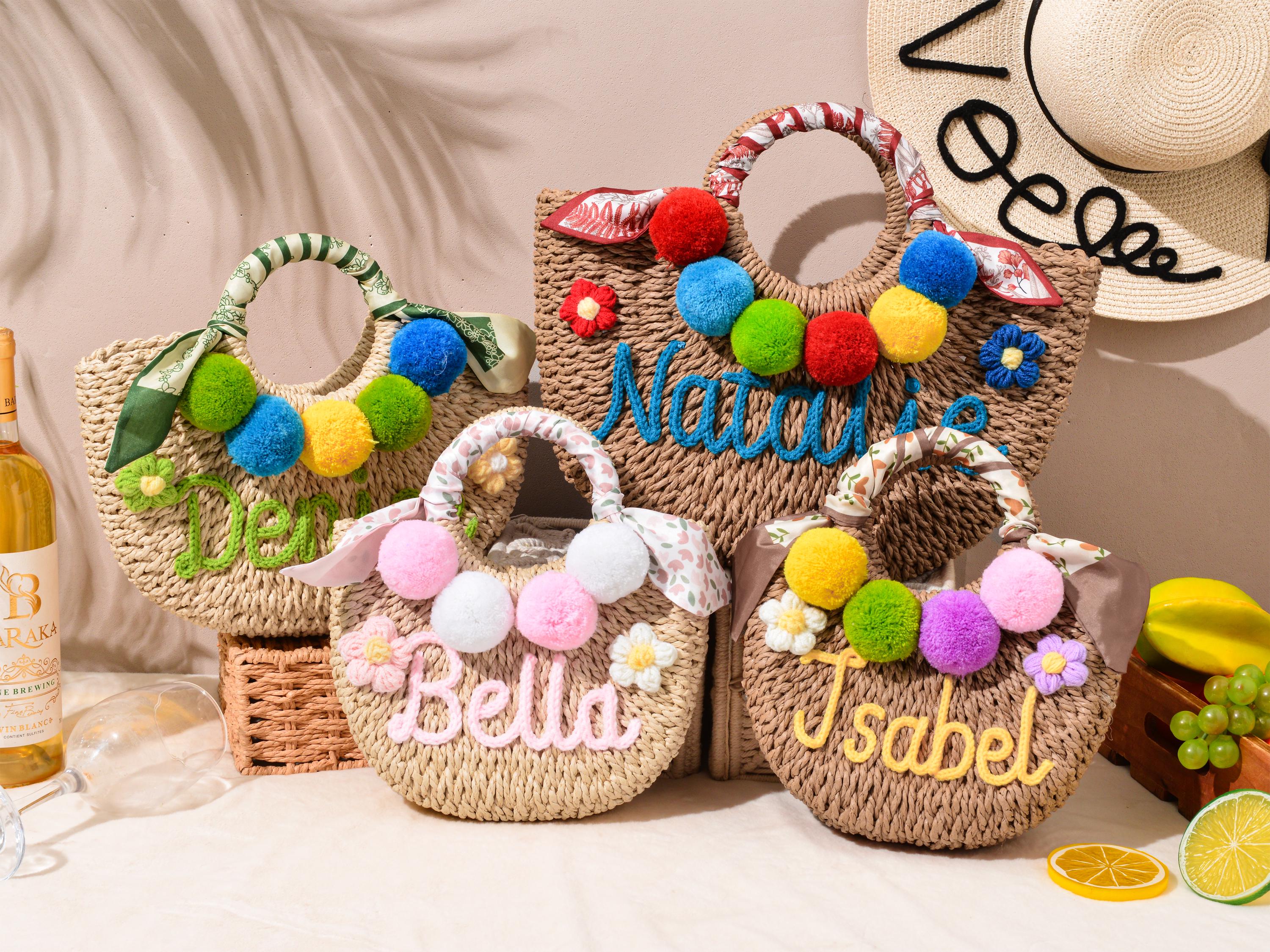 Panier En Paille Hello Kitty Pour Fille - Pompons Et Broderies - Sac Plage