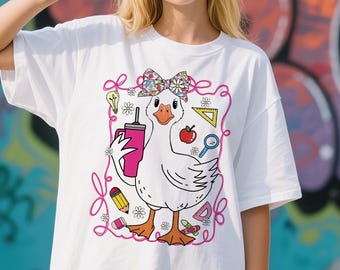 Coquette teacher t-shirt design png , Silly teacher goose png, Goose back to school png ,Preppy floral teacher sublimation design