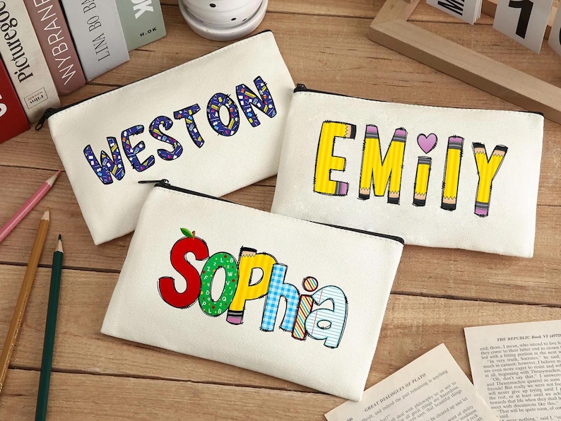 Personalized Canvas Pencil Pouch, Custom Name Zipper Case, Kids Back to ...