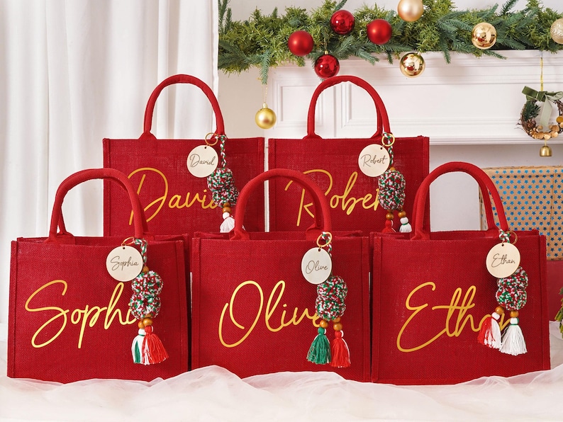 Personalized Christmas Gift Bag, Holiday Gift Bags with Name, Christmas Burlap Bag,Christmas Party Bag, Holiday Gift Bag, Christmas Gifts image 4