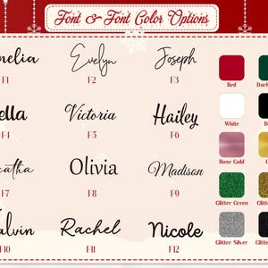 May include: A graphic displaying font and font color options. The text includes names like Amelia, Evelyn, and Joseph, with color swatches for red, green, white, black, rose gold, gold, glitter green, glitter gold, glitter silver, and glitter black.