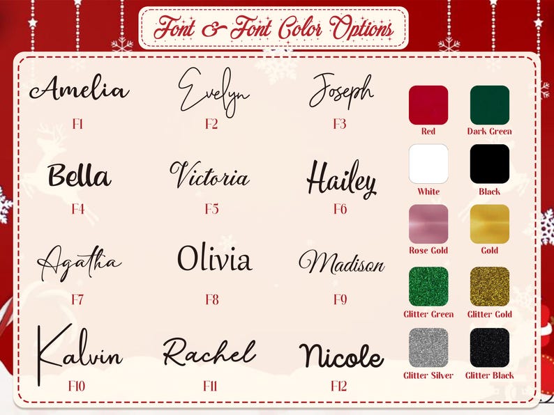 May include: A graphic displaying font and font color options. The text includes names like Amelia, Evelyn, and Joseph, with color swatches for red, green, white, black, rose gold, gold, glitter green, glitter gold, glitter silver, and glitter black.