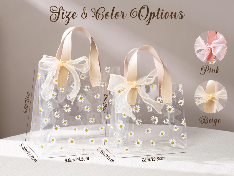 May include: Two clear tote bags with daisy patterns and beige handles. The larger bag is 9.6 inches wide and 8.7 inches tall, while the smaller one is 7.8 inches wide and 7.1 inches tall. The text "Size & Color Options" is at the top.