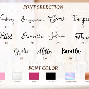 May include: A graphic displaying font selections with names like Ashery, Bryson, and Cyrus in various cursive styles. Below, color options include pink, white, rose, black, laser rainbow, and rose gold.