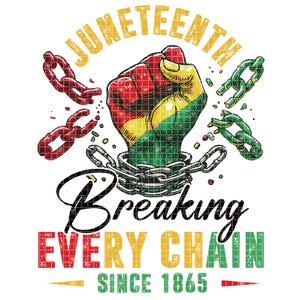 May include: Juneteenth graphic with a clenched fist breaking chains, colored in red, yellow, and green. The text reads "Juneteenth Breaking Every Chain Since 1865" in various colors and fonts, on a white background.