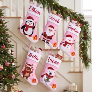 Personalized Pink Christmas Stockings, Embroidered Family Christmas Stocking, Holiday Decor, Christmas Gift