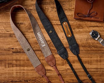 Personalized Camera Strap, Custom Embroidered Name or Engraved Leather Patch, Vintage Photographer Gift, Graduation Gift, DSLR Neck Strap