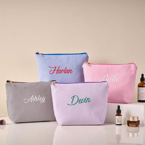 Embroidered Seersucker Makeup Bag Set, Cosmetic Pouch, Personalized Travel Toiletry Bag, Mother's Day, Bridesmaid, Vacation Essentials