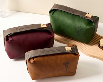 Nécessaire de viagem feminina personalizada, bolsa de cosméticos em couro vegano gravada com alça, estojo de maquiagem personalizado, presente para ela, presente para a mãe