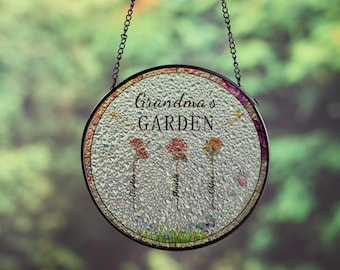 Personalized Garden Stained Glass Suncatcher - Gift for Nana & Grandma, Thoughtful Mother's Day Present from Grandkids,Colorful Window Decor