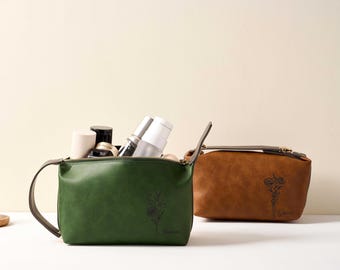 Nécessaire personalizada com flor de nascimento, nécessaire de couro PU personalizada para mulheres, estojo de cosméticos gravado, presente para o Dia das Mães, convite para madrinhas.
