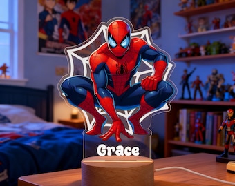Gepersonaliseerde Spider-Man led-nachtlampje met kindernaam, decor jongenskamer, verjaardagscadeau jongen, Disney-cadeau voor superheldenliefhebber, kerstcadeau