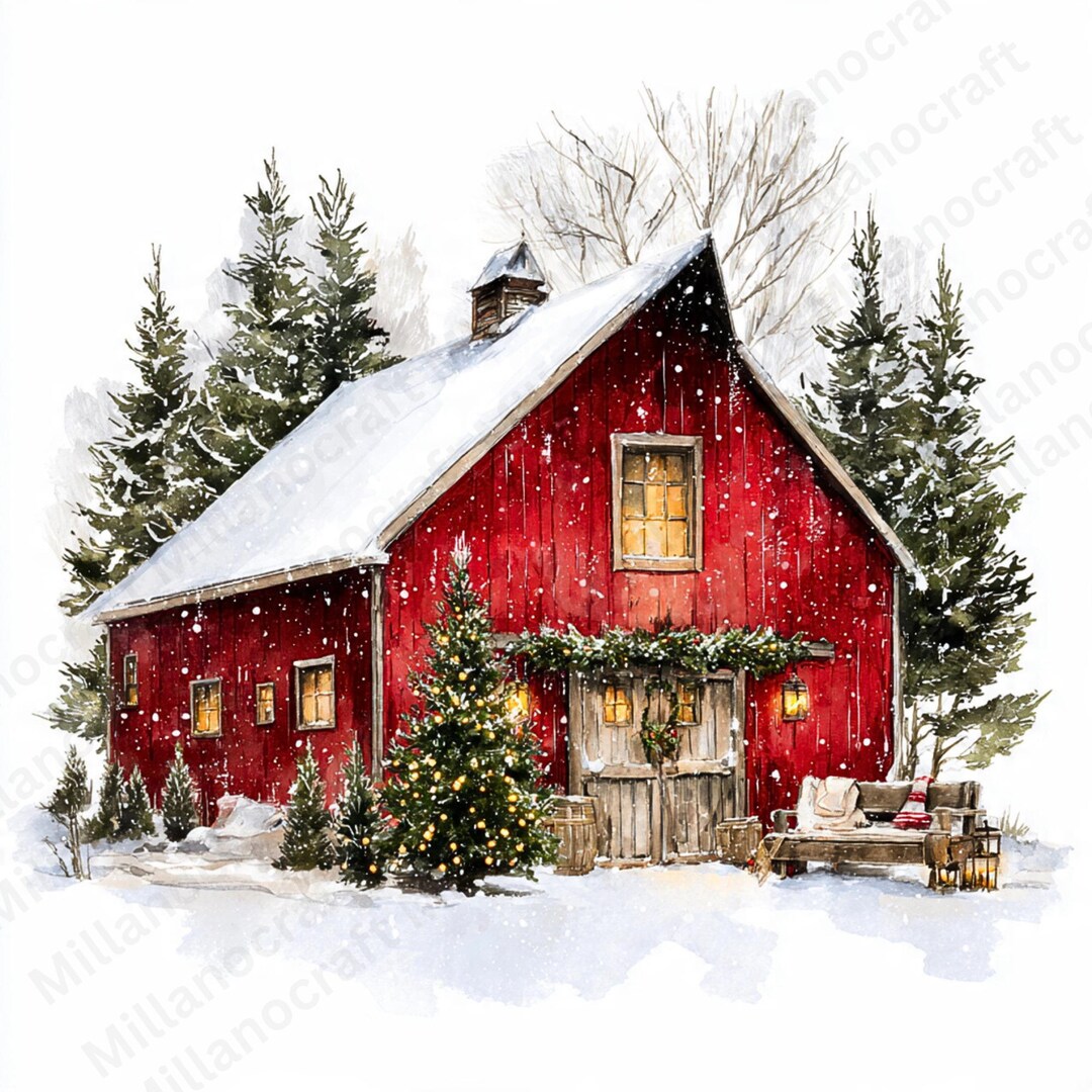 Christmas Barn Clipart JPG | Watercolor Winter Barn Clipart Set ...