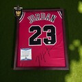 Autographed M. Jordan Red #23 Jersey Collection- Framed, Beckett Certified product logo