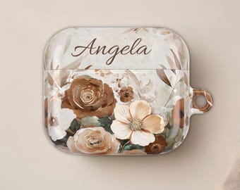 Personalized AirPods Case, Neutral Boho Floral Custom Name Earbud Cover, Apple AirPods Accessory, Protective Case, Thoughtful Everyday Gift