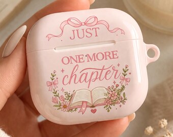 Leesgrage AirPods, AirPod-hoesje Just One More Chapter, geboekt themacadeau, roze bloemenboek Lover-oordopjescover, schattig AirPod-hoesje met sleutelhanger