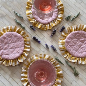 Set of 4 Linen Coasters. Cottage Core. Cottage Decor Coasters. Quilted Coasters. Gingham Coasters. Ruffled Coasters. Washable Coasters