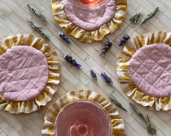 Set of 4 Linen Coasters. Cottage Core. Cottage Decor Coasters. Quilted Coasters. Gingham Coasters. Ruffled Coasters. Washable Coasters