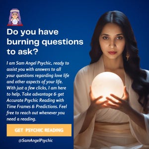 Puede incluir: Una mujer con cabello largo y oscuro sostiene una bola de cristal en sus manos. El fondo es azul sólido. El texto dice "¿Tienes preguntas candentes que hacer?" y "Soy Sam Angel Psychic, lista para ayudarte a encontrar respuestas a todas tus preguntas sobre la vida amorosa y otros aspectos de tu vida. Con solo unos pocos clics, estoy aquí para ayudarte. Aprovecha y obtén una lectura psíquica precisa con plazos y predicciones. No dudes en contactarme cuando necesites una lectura. OBTÉN UNA LECTURA PSÍQUICA @SamAngelPsychic"