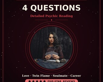 May include: An advertisement for a psychic reading service. The image features a woman holding cards, with text that reads "4 QUESTIONS" and "Detailed Psychic Reading." Keywords: psychic, reading, love, twin flame, soulmate, career.