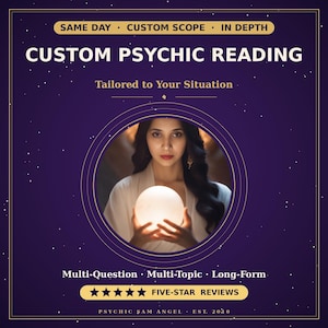 Może przedstawiać: Fioletowo-złota grafika z tekstem "CUSTOM PSYCHIC READING" i "Tailored to Your Situation". Obraz przedstawia kobietę trzymającą świecącą kulę. Dodatkowy tekst zawiera "SAME DAY", "CUSTOM SCOPE", "IN DEPTH", "Multi-Question", "Multi-Topic" i "Long-Form".