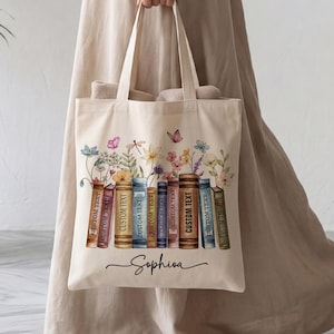 Gepersonaliseerde draagtas boekenliefhebber, stapel boekentas bloemen, lezercadeau voor leraren, vrienden boekenclub, bibliotheekuitstapjes