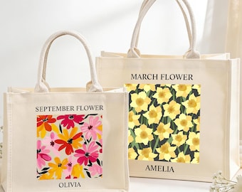 Birth Flower Tote Bag,Personalized Tote Bag with Name,Customs Birth Flower Tote Bag,Bachelorette Party Gift,Birthday Gift for Her,Burlap Bag