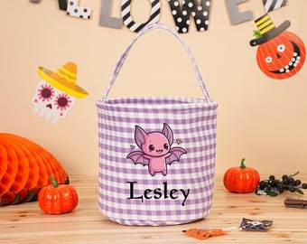 Custom Trick Or Treat Bag,Gingham Halloween Bucket,Personalized Kid Halloween Basket,Halloween Candy Tote,Halloween Bucket For Kid,Kids Gift