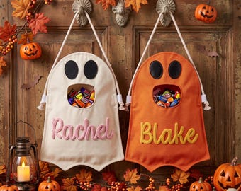 Personalisierte Geister-Süßigkeitentüte, individuelle Halloween-Süßigkeitentüte, Halloween-Tragetasche für Kinder mit Namen, wiederverwendbare Geister-Tasche, niedliche Geister-Süßigkeitentüte