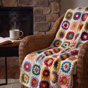 May include: A handmade crochet blanket featuring a repeating pattern of colorful floral-style squares in shades of red, blue, yellow, green, and purple, joined together with an off-white yarn border, draped over a woven wicker armchair.