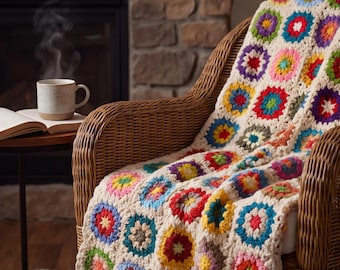 Manta de crochê artesanal com estampa floral em quadrados, um toque aconchegante na decoração de casa em estilo cottagecore.