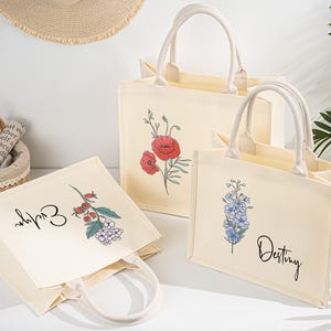 Customs Birth Flower Tote Bag,Birth Flower Tote Bag,Personalized Tote Bag with Name,Bachelorette Party Gift,Birthday Gift for Her,Burlap Bag