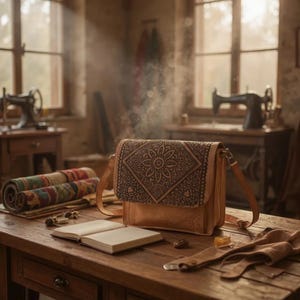 Tooled Leather Crossbody Bag – Handmade Tan Shoulder Bag with Floral Design, Boho Western Style Purse, Genuine Leather Bag