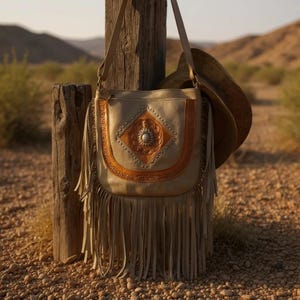 Grey Leather Fringe  Handbag with Tan Detailing & Gemstone