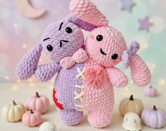 Padrão de crochê de coelho de duas cabeças, brinquedo de pelúcia amigurumi pastel goth para download em PDF.