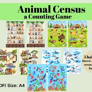 Animal Census Counting Game Printable,Fun Early Learning Printable for Toddlers & Kids, Preschool Match Game Printable