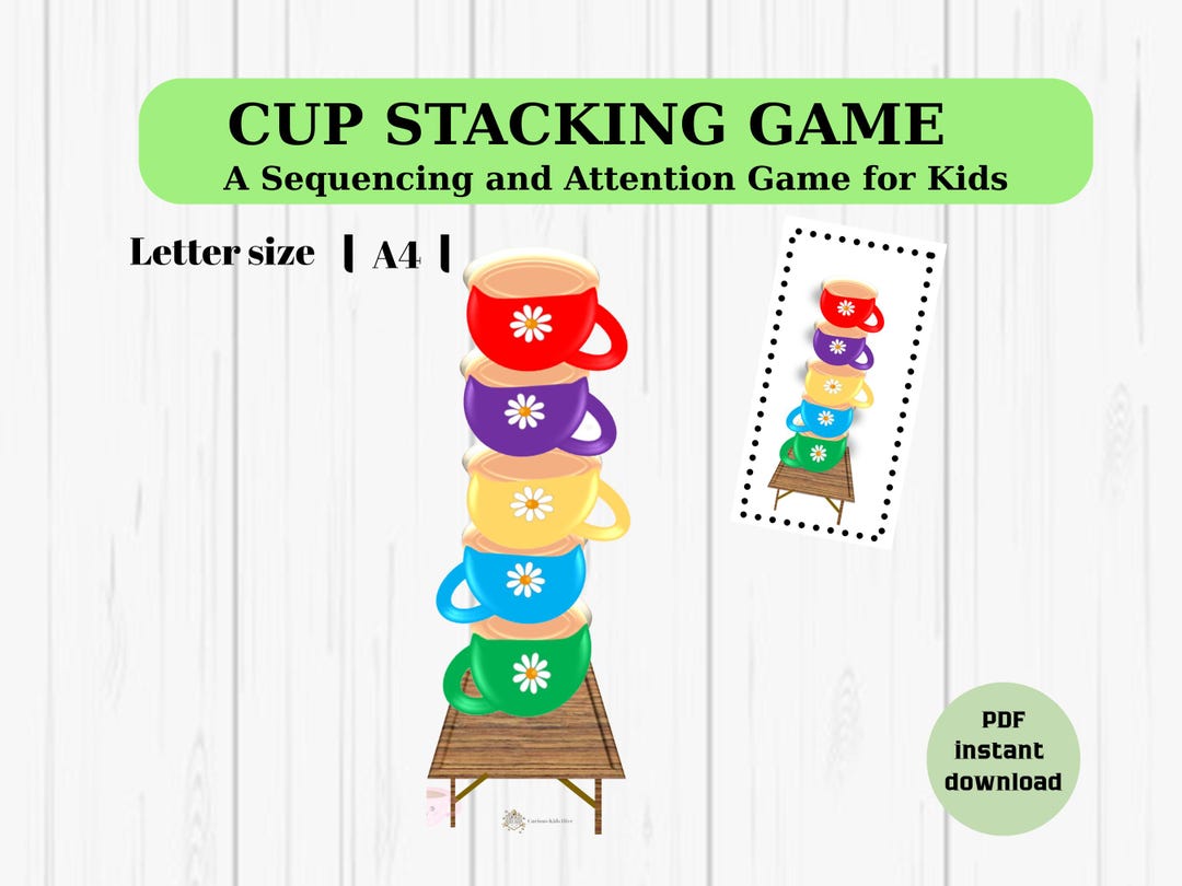 Cup Stacking Game for Kids, Printable Sequencing Activity, Color ...