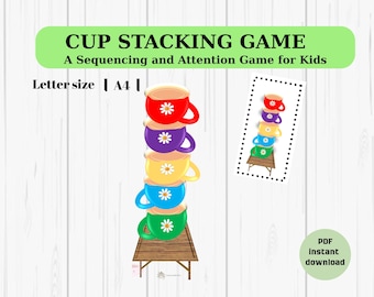 Cup Stacking Game for Kids, Printable Sequencing Activity, Color Sorting, Visual Discrimination, Preschool Activities, Pattern Activity