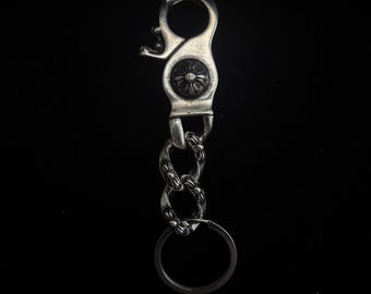 Ch gothic style y2k punk aged cross keychain, carabiner clip chrome .925 silver for men and women minimalist vintage