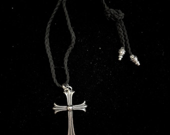 CH Gothic style y2k big cross leather cord tie adjustable necklace chrome .925 silver chain for men and women unisex vintage