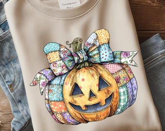 Patchwork Halloween Pumpkin Clipart: Retro Coquette Pumpkin PNG (Digital Download), Preppy Pumpkin Png, Girly Jack-o'-lantern Png
