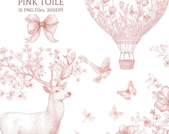 Puede incluir: Un diseño toile rosa con un globo aerostático, ciervo con cuernos florales, mariposas, flores y un lazo. La imagen incluye el texto "Chochique PINK TOILE 16 PNG Files, 300DPI."