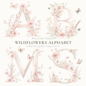 Op de afbeelding: Een digitale collectie van de letters A, B, M en S versierd met aquarelillustraties van roze wilde bloemen, groen en vlinders. De tekst luidt: Watercolor Cliparts WILDFLOWERS ALPHABET 26 PNG Files | 300DPI | Commercial Use.