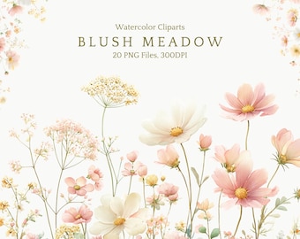 Aquarell-Blumenbordüre (PNG), zartrosa Wildblumen-Clipart, Wildblumenbordüren, Hochzeitskarte, Frühlingsblumenfeld, Babyparty, digital