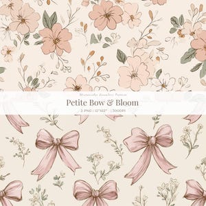 Può includere: Motivo floreale continuo ad acquerello con delicati fiori rosa e fiocchi su sfondo crema. Il design include elementi floreali e fiocchi, con il testo "Petite Bow & Bloom" e dimensioni di 30,48 cm x 30,48 cm.