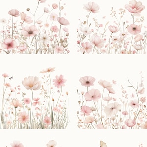 K&ouml;nnte beinhalten: Eine digitale Sammlung von Aquarell-Cliparts mit Wildblumen in verschiedenen zarten Rosat&ouml;nen. Das Bild enth&auml;lt den Text Watercolor Cliparts WILDFLOWERS 23 PNG Files, 300DPI, der &uuml;ber sechs verschiedene Blumenarrangements verteilt ist.