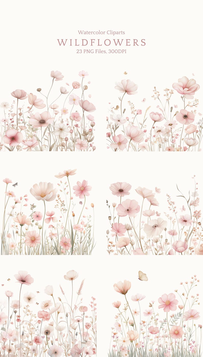 K&ouml;nnte beinhalten: Eine digitale Sammlung von Aquarell-Cliparts mit Wildblumen in verschiedenen zarten Rosat&ouml;nen. Das Bild enth&auml;lt den Text Watercolor Cliparts WILDFLOWERS 23 PNG Files, 300DPI, der &uuml;ber sechs verschiedene Blumenarrangements verteilt ist.